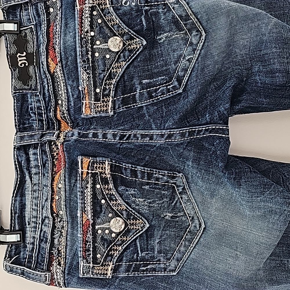 Miss Me Women's Dark Blue Boot Cut Jeans with Colorful Embellishments